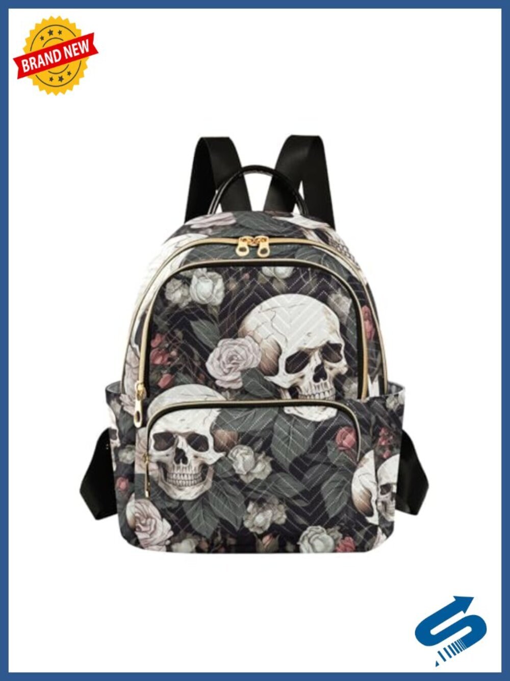 ALA White Skull Rose Flowers Nylon Small Backpack Purse Lightweight Travel